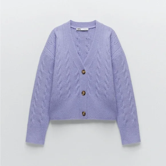 Zara Lavender Cable Knit Cardigan Cropped Grandpa Sweater Soft Cozy Scandi 6 - Picture 2 of 7